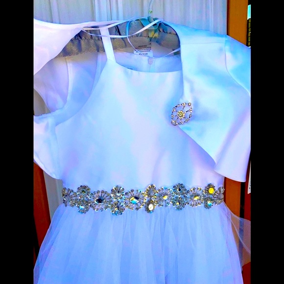 BONNIE JEAN TULLE & SATIN DRESS WITH BOLERO JACKET & RHINESTONE CLASP - Picture 3 of 13